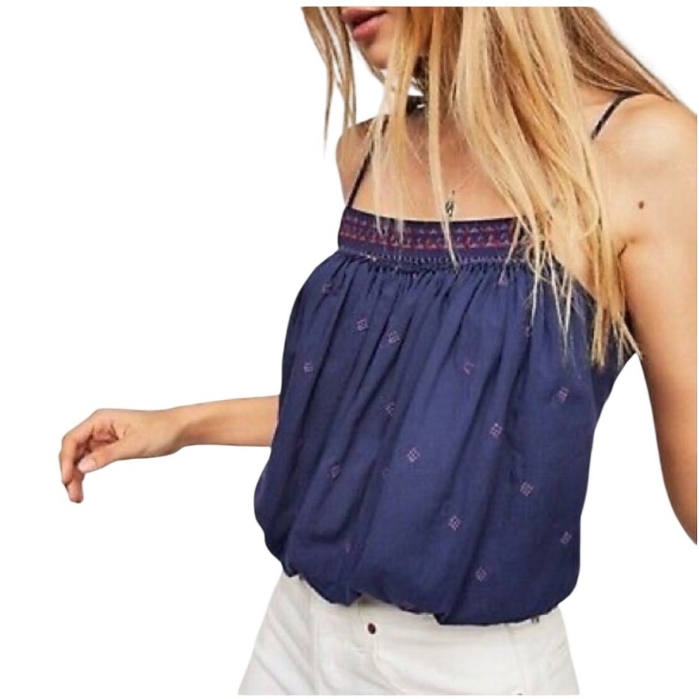 Free People Eternal Love Embroidered Boho Tassel Tie Strap Tank Top Blouse L EUC